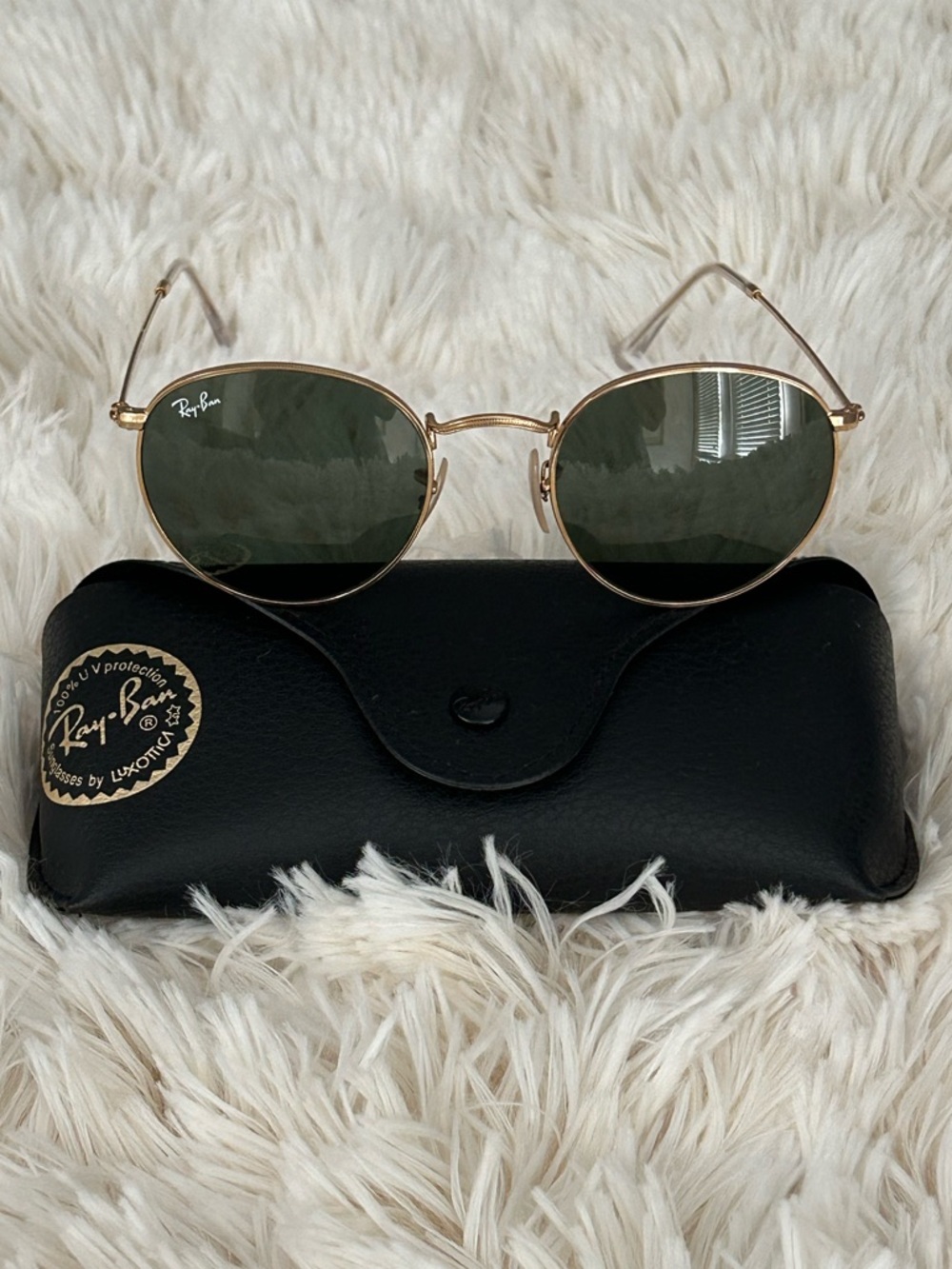 Ray Ban 3447 Round Gold Metal Frame Sunglasses Green Lenses Case Unisex Italy - Picture 4 of 14